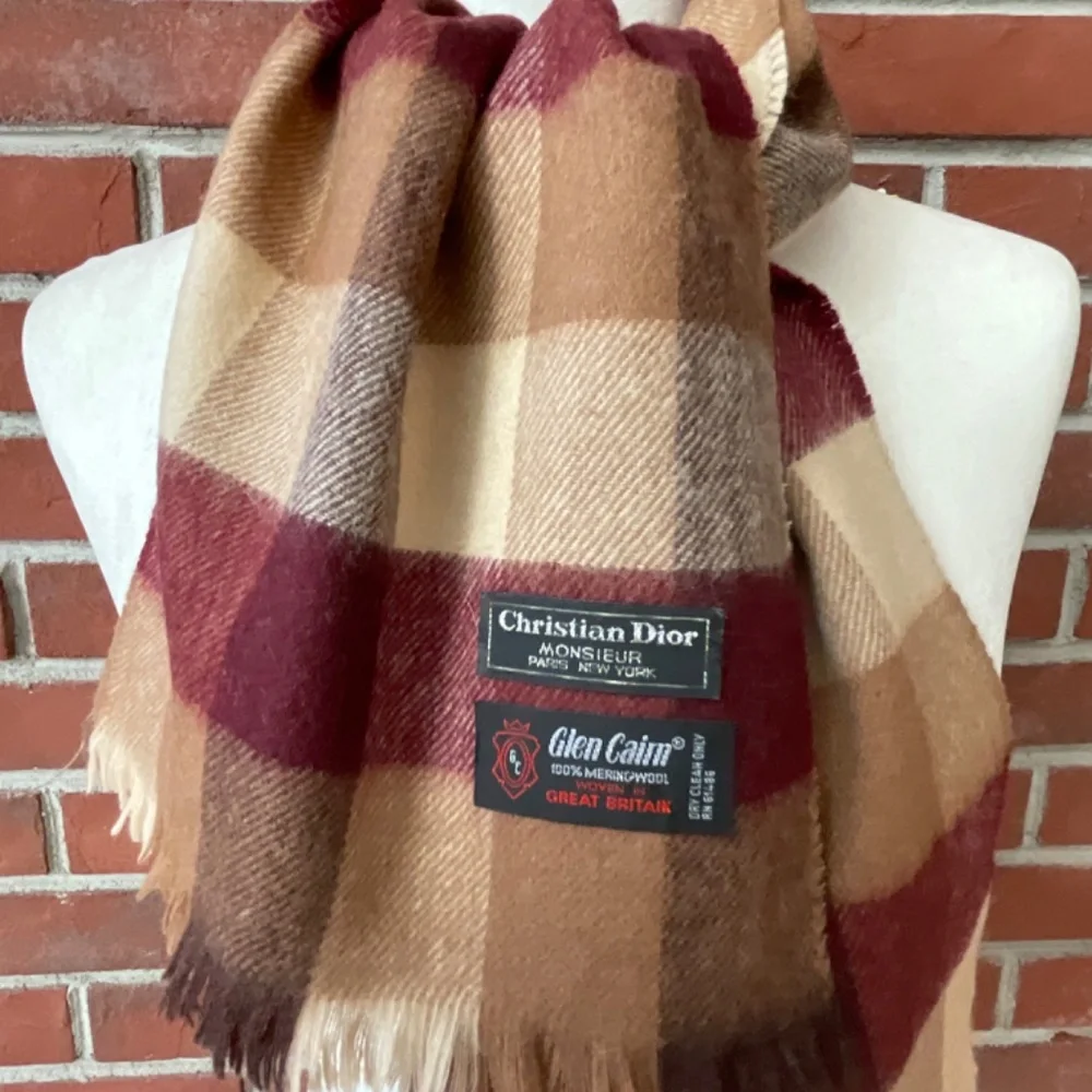 •Christian Dior Vintage Merino Wool Woven In Great Britain Plaid Scarf 50”/10” - Picture 2 of 7
